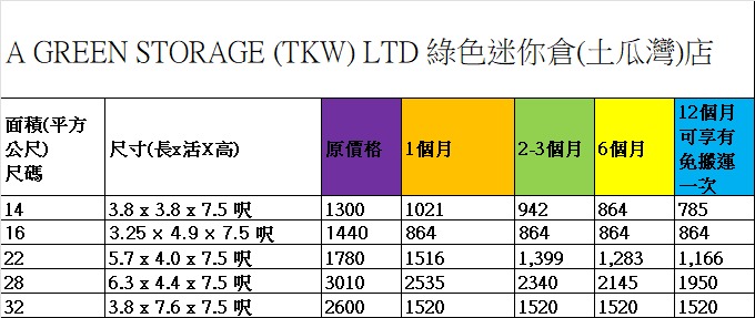 土瓜灣店 (TKW) 價錢表